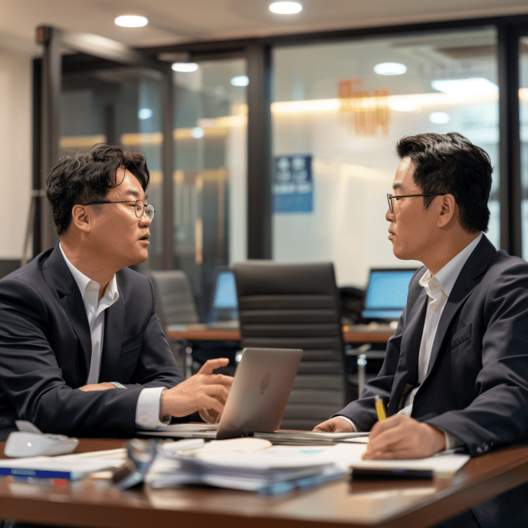 두 한국인 남성이 윤활 시스템 관련 컨설팅을 하는 모습.